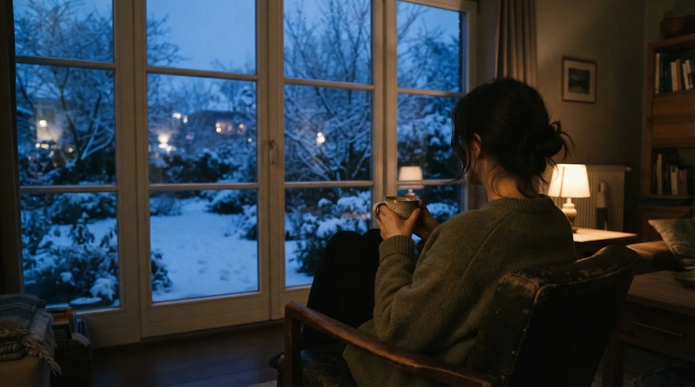 En person sitter ensam vid ett fönster i skymningen och håller en tekopp, med en rofylld vinterträdgård synlig utanför glaset.